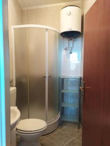 a bathroom with a shower with a toilet and a light at Apartman Nina in Makarska +28 photos
