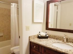 a bathroom with a sink and a mirror and a toilet at Parc Corniche Condominium Suites in Orlando
