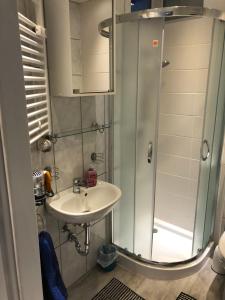 une salle de bain avec lavabo et douche dans l'établissement Ferienwohnung Aueblick Kassel, à Cassel 12 autres photos