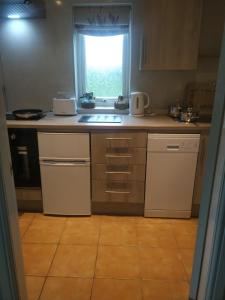 eine kleine Küche mit einem Waschbecken und einem Fenster in der Unterkunft Boreland Farm in Dunscore