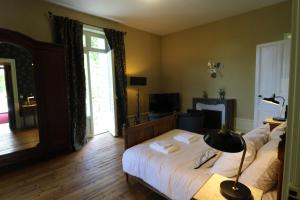 um quarto com uma cama com um candeeiro em Domaine de Champ rose em Saint-Laurent-de-Belzagot