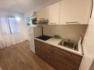a small kitchen with a sink and a refrigerator at Apartment Sinčić in Novigrad Istria