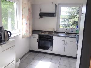 a kitchen with a stove and a sink and a window at Seehotel Luisenhof in Falkenhagen