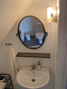 a bathroom with a sink and a mirror and a toilet at Dortes Bed & Breakfast in Lintrup