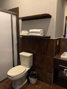 a bathroom with a toilet and a sink at Casa Hidalgo in Ciudad Hidalgo