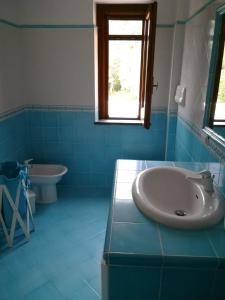 bagno blu con lavandino e servizi igienici di Il carrubo B&b a Maratea