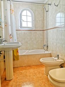 La salle de bains est pourvue d'un lavabo, de toilettes et d'une douche. dans l'établissement Apartamentos Brito, à Orzola