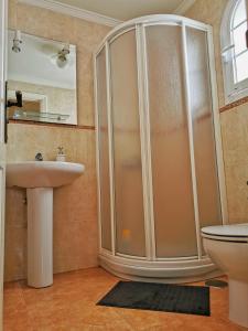 La salle de bains est pourvue d'une douche et d'un lavabo. dans l'établissement Apartamentos Brito, à Orzola