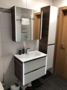 W łazience znajduje się biała umywalka i lustro. w obiekcie Living Apartment w mieście Hittisau