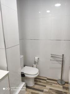 a white bathroom with a toilet and a shower at La Burbuja in Almería