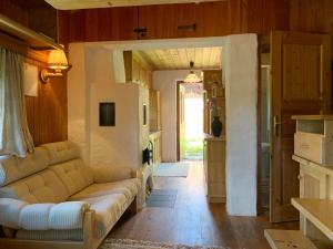 a living room with a couch and a kitchen at Badstube Lex in Großkirchheim