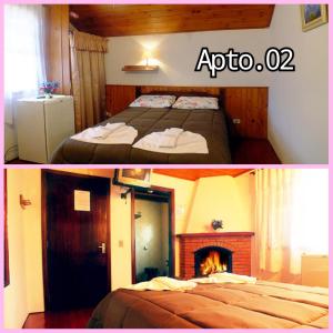 2 fotos de una habitación de hotel con cama y chimenea en Pousada dos pássaros, en Camanducaia