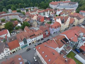 widok na miasto z czerwonymi dachami w obiekcie Pension Villa Colosseo im Herzen von Meiningen w mieście Meiningen