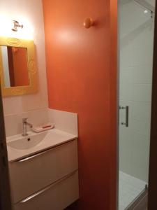 a bathroom with a sink and a shower at Figalrance Studio in Plouër-sur-Rance