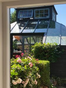 a view of a house from a window with flowers at Vangeled Gaard B&B - Apartments in Holtug