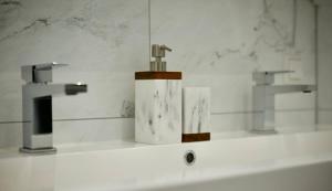 a bathroom sink with a soap dispenser and two faucets at In Den Visser in Dordrecht +58 photos