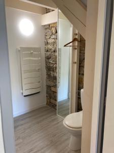 a bathroom with a toilet and a stone wall at La Chambre des Bobines in Montigny-sur-lʼAin