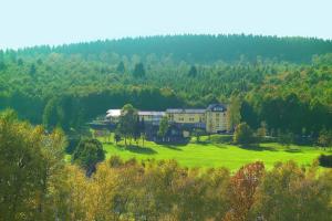 un grand bâtiment dans un champ planté d'arbres en arrière-plan dans l'établissement Gästehaus Wilgersdorf GmbH, à Wilnsdorf