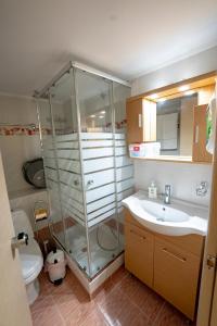 een badkamer met een douche, een wastafel en een toilet bij Anthia Seaview Apartment in Kalamata