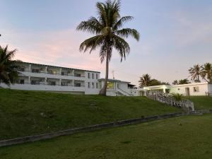 a building with a palm tree in front of it at Coral Garden Hotel in Rota