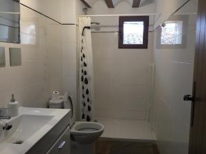 ein Badezimmer mit Dusche, Toilette und Waschbecken in der Unterkunft Casa Valentina y La buhardilla in Salvacañete
