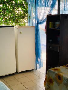 a white refrigerator in a room with a window at Novaya Dacha in Kurortne
