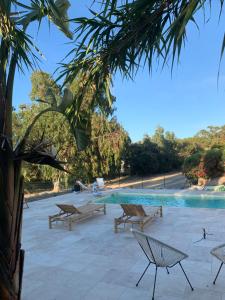 a swimming pool with chaises and chairs next to a resort at Residence Paolina in Calvi