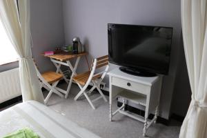 B&B Den Boskant في Zandbergen: غرفة معيشة مع تلفزيون وطاولة مع كراسي