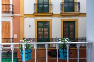 two potted plants on a railing in front of a building at Locksmith Apartment -Wifi- Park Option in Seville