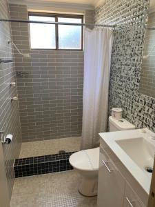 a bathroom with a shower and a toilet and a sink at Snowgate Motel + Apartments in Berridale +30 photos