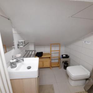 La salle de bains est pourvue d'un lavabo et de toilettes. dans l'établissement Les Paridés, à Boulogne-sur-Mer