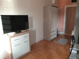 uma sala de estar com uma televisão de ecrã plano num armário em TiTo em Belgrado