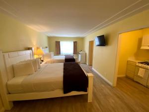 a hotel room with two beds and a television at Hollywood Celebrity Hotel in Los Angeles