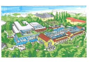 uma representação artística da proposta de renovação do resort em Das Gutenbrunn Thermen & Sporthotel em Baden
