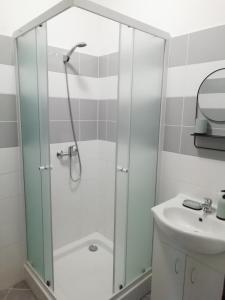 a shower stall in a bathroom with a sink at Apartmány Stdaniela in Bohumín