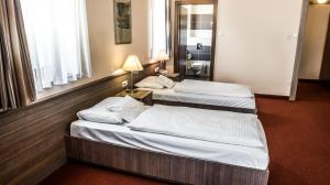 2 Betten in einem Hotelzimmer mit Spiegel in der Unterkunft Hotel Három Gúnár in Kecskemét
