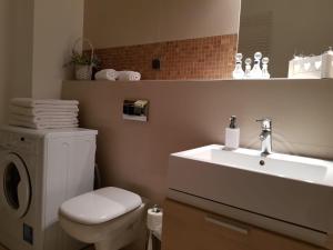 a bathroom with a white toilet and a sink at Family Apartment Golden Tulip 2 in Międzyzdroje
