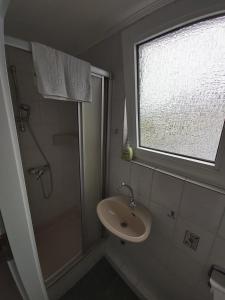 baño con lavabo y ducha con ventana en Haus Leonora, en Cuxhaven