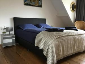 a bedroom with a large bed with blue pillows at La Casa aan Zee in Ellemeet