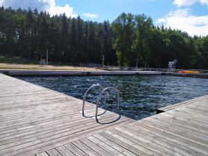 ein Metallgeländer auf einem Dock neben einem Wasserkörper in der Unterkunft Wiking in Kretowiny
