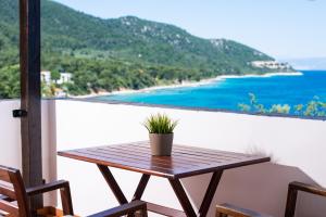 a wooden table with a potted plant on a balcony at Villa Victoria by La Scala Beach in Limenas