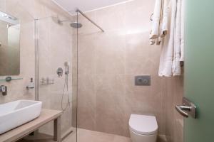 a bathroom with a shower and a toilet and a sink at Villa Victoria by La Scala Beach in Limenas