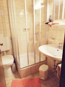 uma casa de banho com um chuveiro, um WC e um lavatório. em Garni Weisser Wolf - Bed & Breakfast em Friesach