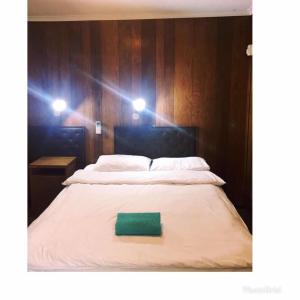 Un dormitorio con una cama con dos luces. en Meekatharra Hotel en Meekatharra