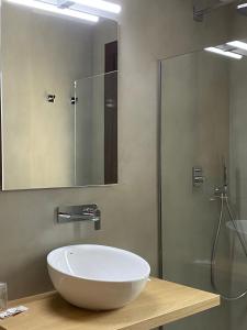 La salle de bains est pourvue d'un lavabo blanc et d'une douche. dans l'établissement Hotel La Bonaigua, à Vielha e Mijaran