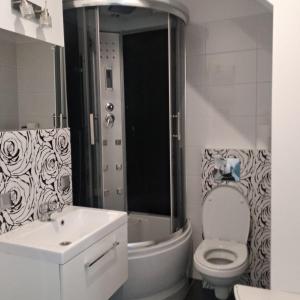 a bathroom with a toilet and a sink and a shower at Szczecin Centrum in Szczecin +1 photo