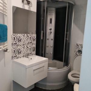 a white bathroom with a sink and a toilet at Szczecin Centrum in Szczecin