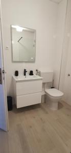 a bathroom with a toilet and a sink and a mirror at Apartments Katarina in Stara Novalja