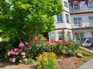 a garden of flowers in front of a house at Ferienwohnung Thönnes in Müden