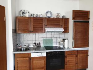 a kitchen with wooden cabinets and a sink at Ferienwohnung Thönnes in Müden